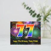 77e verjaardag – leuk vuurwerkpatroon + regenboog  briefkaart (Staand voorkant)