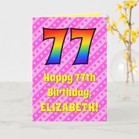 77e verjaardag: roze strepen & harten, regenboog # kaart (Gele Bloem)