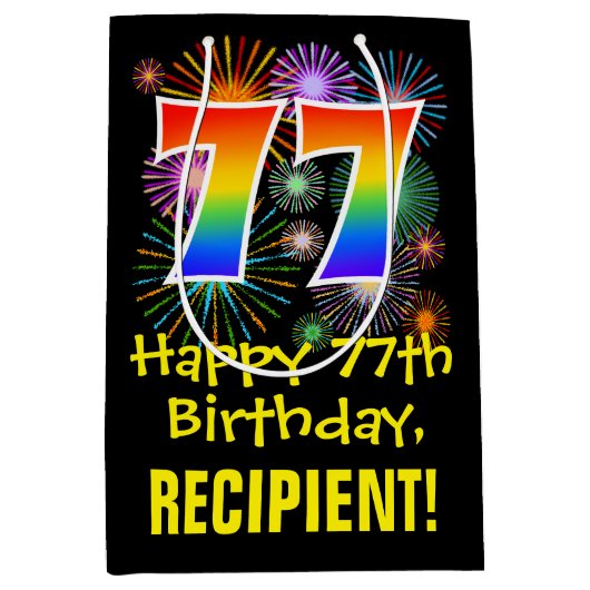 77e verjaardag: Vuurwerk Fun Pattern + Regenboog 7 Medium Cadeauzakje (Voorkant)