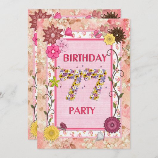 77e verjaardagsfeest met bloemenfeest lijst kaart (Voorkant / Achterkant)