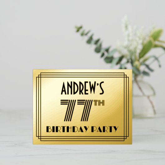 77e Verjaardagsfeestje ~ Art Deco Stijl “77” + Naa Folie Uitnodiging Briefkaart (Staand Voorkant)
