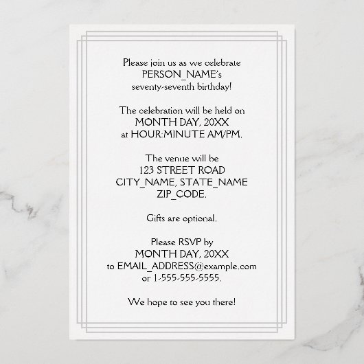 77th Birthday Party — Elegant Script + aangepaste Folie Uitnodiging (Achterkant)