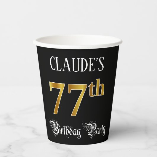 77th Birthday Party — Fancy script, Faux Gold look Papieren Bekers (Voorkant)