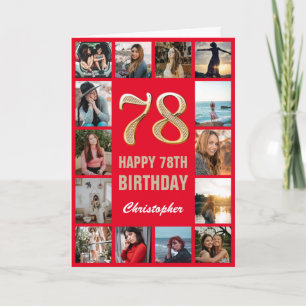 78e Happy Birthday Red en Gold Photo Collage Kaart