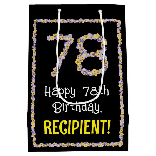 78e verjaardag: Floral Flowers Number, Custom Name Medium Cadeauzakje (Achterkant)