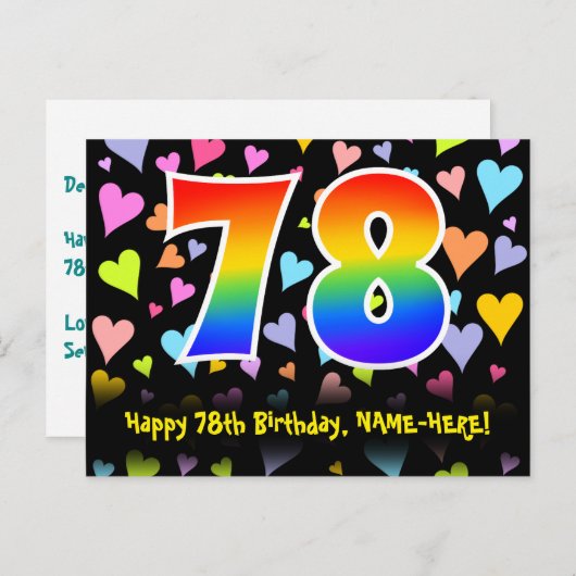 78e verjaardag: Fun Hearts Pattern, Rainbow 78 Briefkaart (Voorkant / Achterkant)