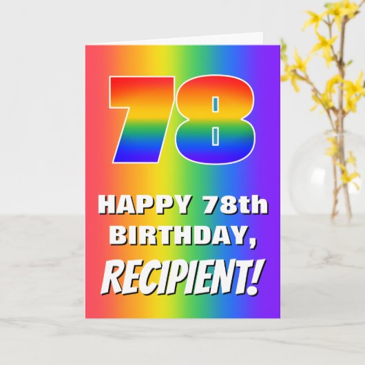 78e verjaardag: kleurrijk, vun regenboogpatroon # kaart (Gele Bloem)