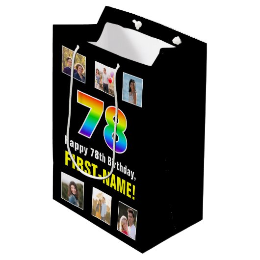 78e verjaardag: Regenboog "78", aangepaste foto's Medium Cadeauzakje (Voorkant Gekanteld)