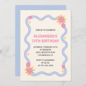 79e anniversaire Invitation Retro Super Blue Flowe (Devant / Derrière)