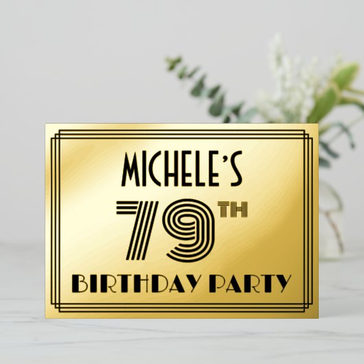79e verjaardag — Art Deco Style "79" en naam Folie Uitnodiging (Staand Voorkant)