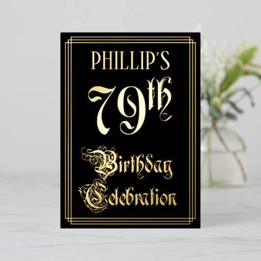 79e verjaardag — Fancy script en aangepaste naam Folie Uitnodiging (Staand Voorkant)