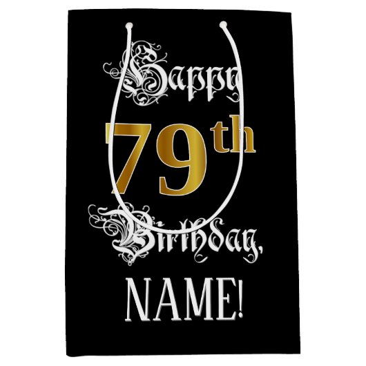 79e verjaardag ~ Fancy script; Faux Gold look; naa Medium Cadeauzakje (Voorkant)