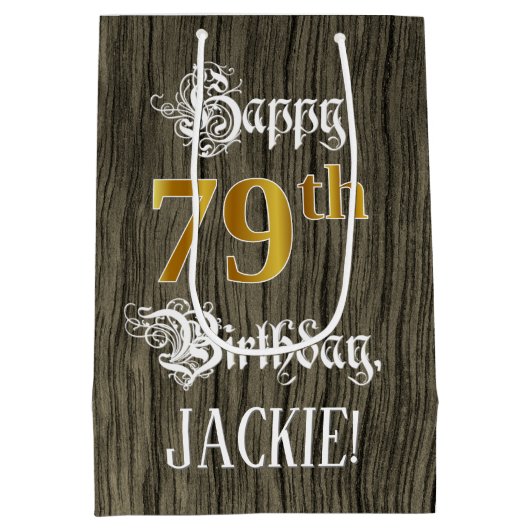 79e verjaardag: Faux Gold look & Faux Wood Pattern Medium Cadeauzakje (Achterkant)