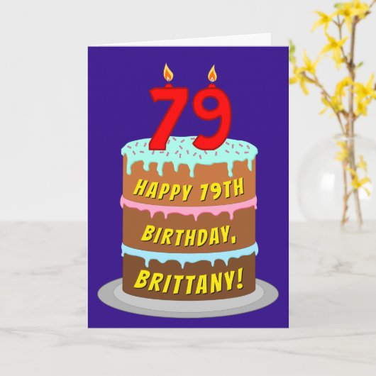 79e verjaardag: Fun Cake and Candles + Custom Name Kaart (Gele Bloem)