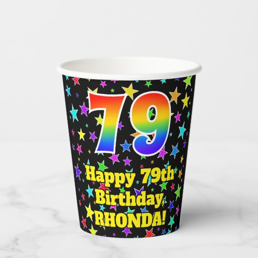 79e verjaardag: Fun Stars Pattern en Rainbow 79 Papieren Bekers (Achterkant)