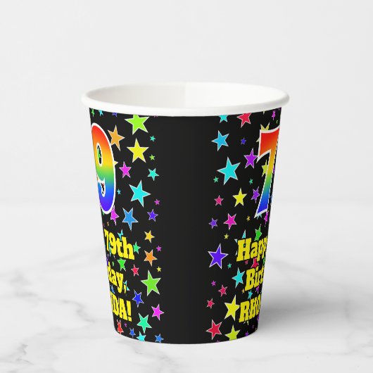 79e verjaardag: Fun Stars Pattern en Rainbow 79 Papieren Bekers (Links)