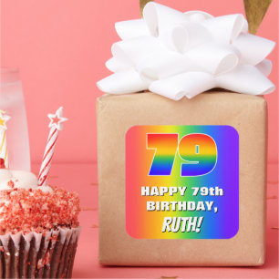 79e verjaardag: kleurrijk, vun regenboogpatroon # vierkante sticker