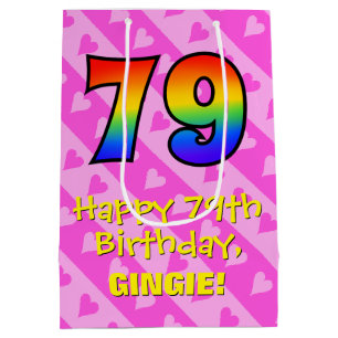 79e verjaardag: vuurroze kunststaven; regenboog 79 medium cadeauzakje