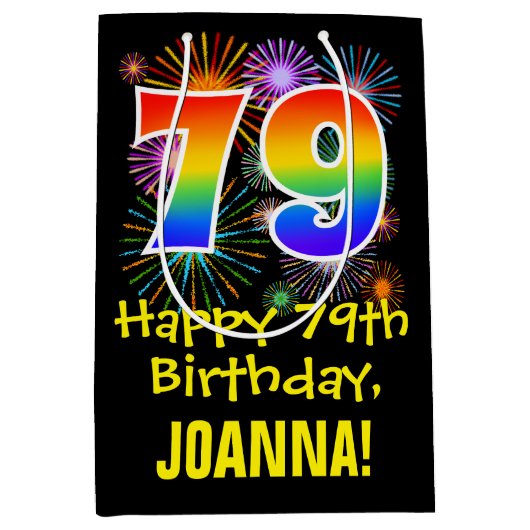 79e verjaardag: Vuurwerk Fun Pattern + Regenboog 7 Medium Cadeauzakje (Voorkant)