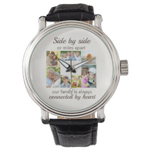 7 familiefotocollage verbonden door hart horloge