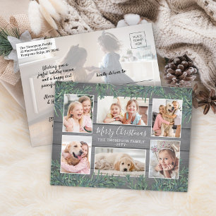 7 Foto Christmas Greenery & Rustic Grey Wood Feestdagenkaart