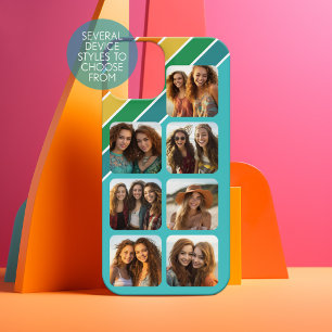 7 fotocollage met retro 70s geïnspireerde strepen iPhone 15 hoesje