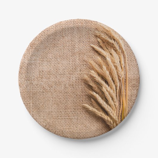 7-inch rond papier Bord Tarwe op Burlap Sack Count (Voorkant)