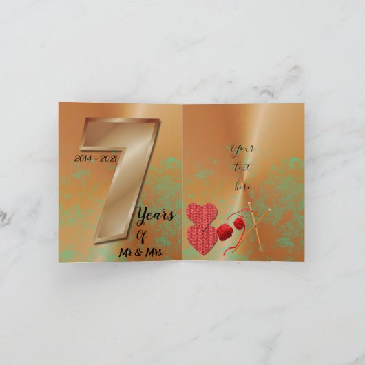 7 jaar gepersonaliseerd koper en wol Jubileum Kaart (Binnen)