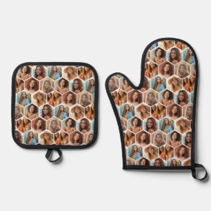 7 Photo Collage - funky honingraatpatroon - wit Ovenwant & Pannenlap Set