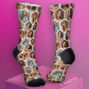 7 Photo Collage - funky honingraatpatroon - wit Sokken