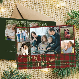7 photos Merry Christmas script red green plaid  Feestdagenkaart