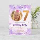 7 Purple Gold Star Bubbles Birthday Invitation (Debout devant)