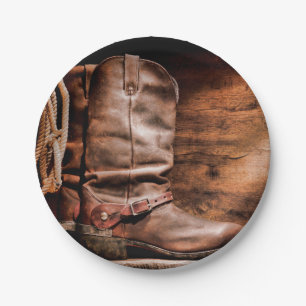 7" Rond Papier Bord Cowboy Boots Schuur Hout Rusti