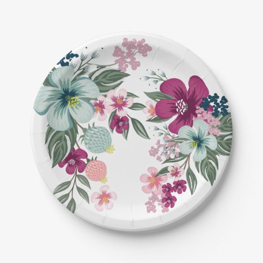 7" Rond Papier Bord Tropische Bloem op Wit (Voorkant)