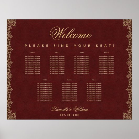 7 Tabel Burgundy Gold Script-sessieschema Poster (Voorkant)
