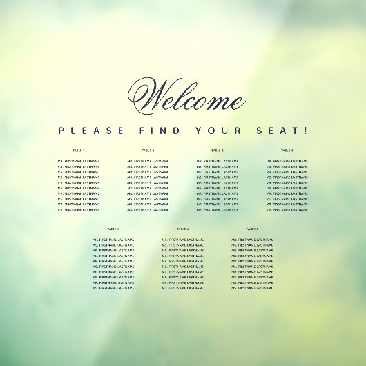 7 Tabel Transparante Zitenkaart Navy Blue Script Raamsticker (Vel 3)