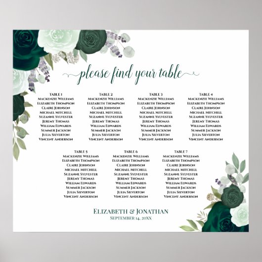 7 Tafel Smaragd Groen Bloemen Bruiloft Zitkaarten Poster (Voorkant)