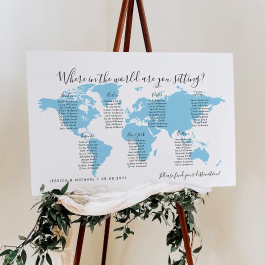 7 Tafels Bestemmingen Wereldkaart zitplaatsenkaart Poster