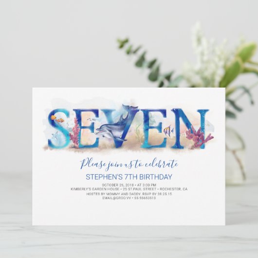 7 Verjaardagsuitnodiging Deep Blue Onder het Zee L Kaart (Staand voorkant)