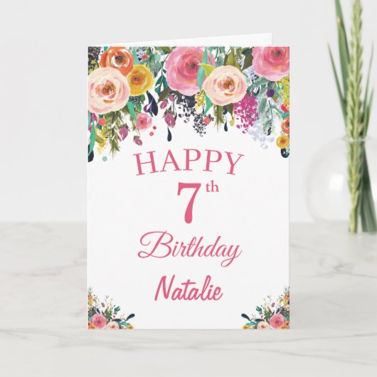 7e anniversaire Aquarelle Floral Flowers Carte ros (Devant)