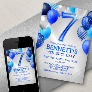 7e anniversaire Ballons Bleus Invitation