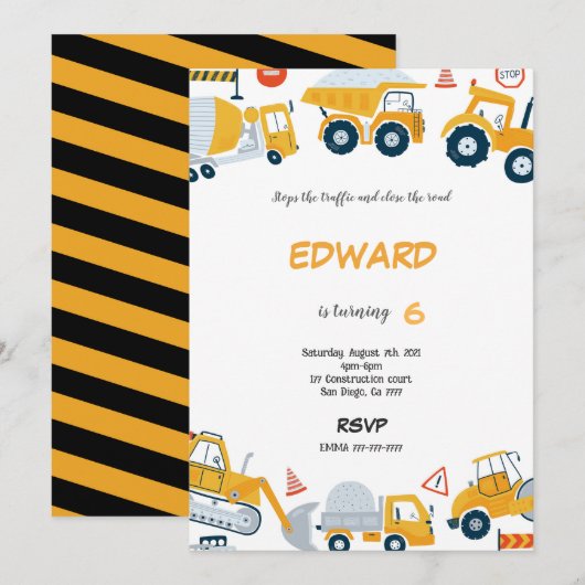 7e anniversaire Construction Boy Invitation (Devant / Derrière)