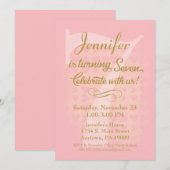 7e anniversaire Invitation Girls Pink Gold Hearts (Devant / Derrière)