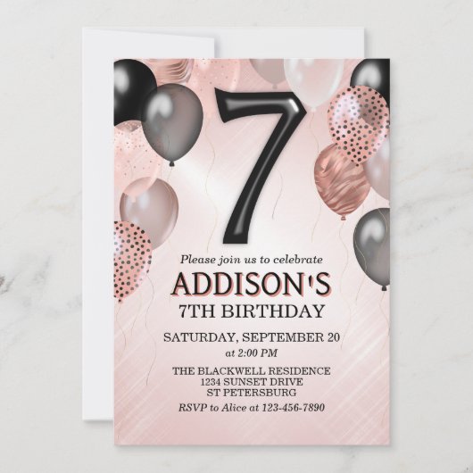 7e anniversaire Rose Gold Balloons Invitation (Devant)
