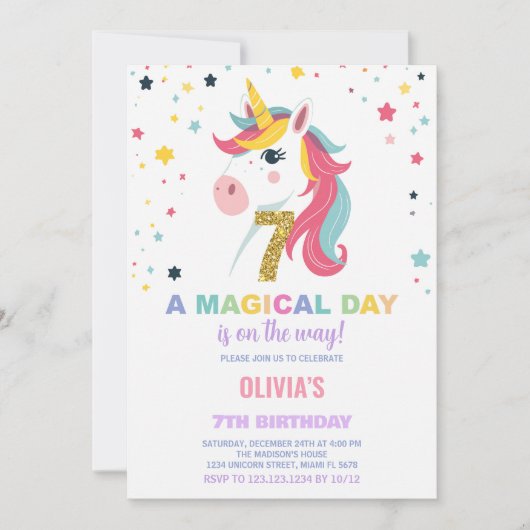 7e anniversaire Unicorn Anniversaire Invitations (Devant)