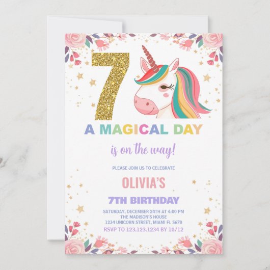 7e anniversaire Unicorn Anniversaire Invitations (Devant)
