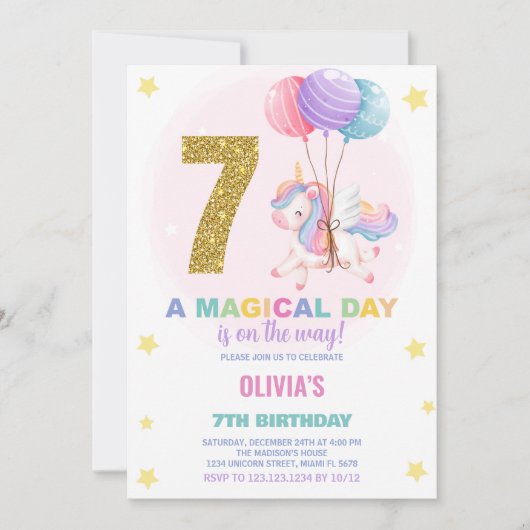 7e anniversaire Unicorn Anniversaire Invitations (Devant)