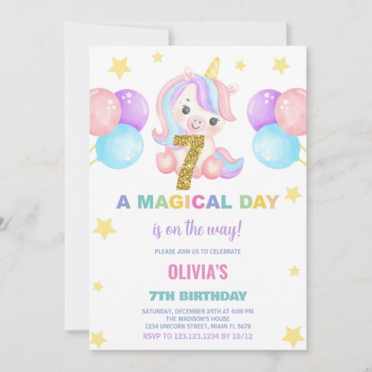 7e anniversaire Unicorn Anniversaire Invitations (Devant)