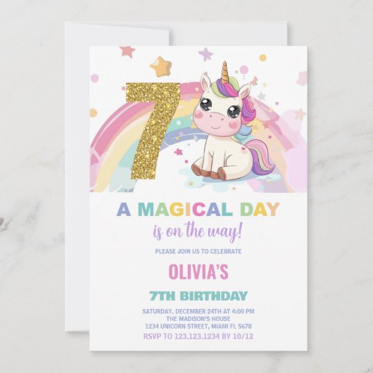 7e anniversaire Unicorn Anniversaire Invitations (Devant)