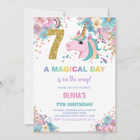 7e anniversaire Unicorn Anniversaire Invitations (Devant)